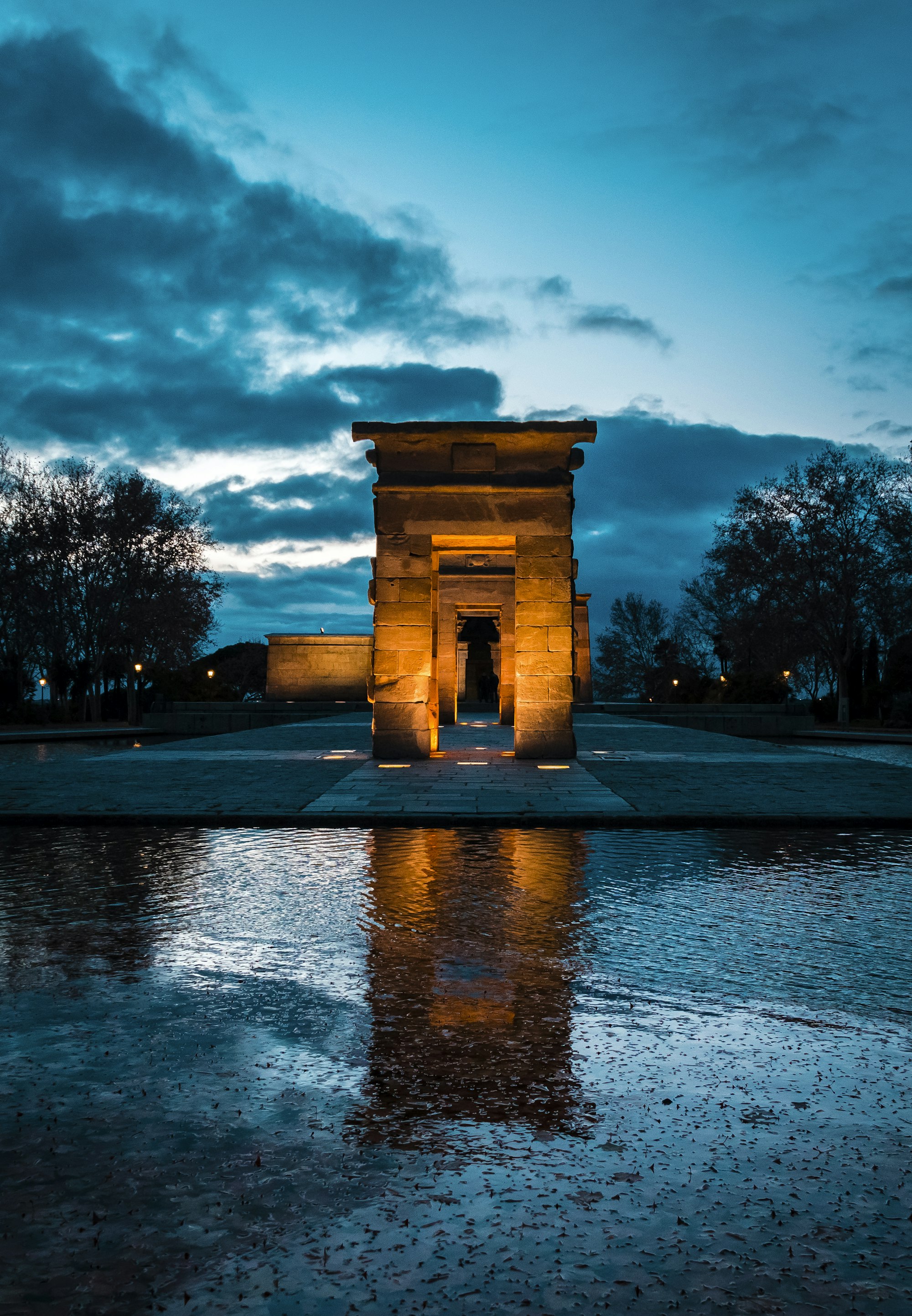 Templo de Debod illuminated at dusk, Madrid